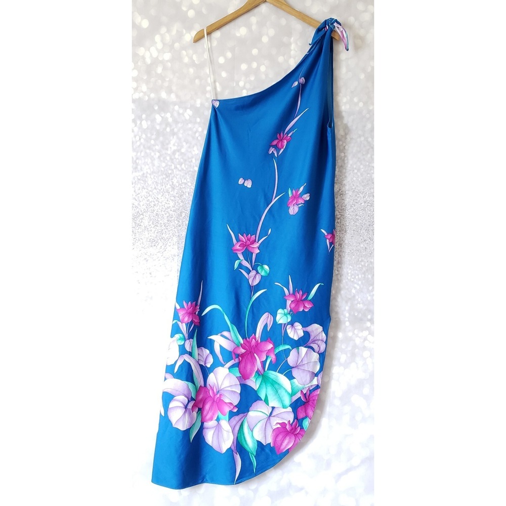 Hilo Hattie One Shoulder Maxi Dress Vintage Hawaiian Dress  Purple Blue Floral